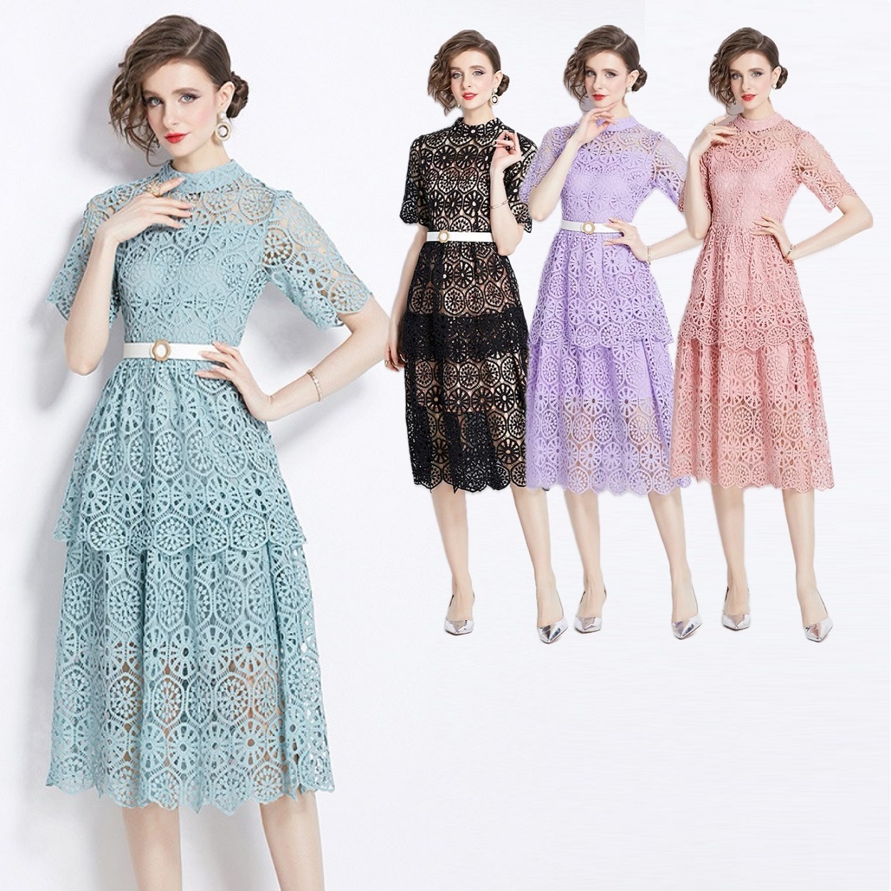 S～3L★新作　出かけ パーティー 大人優雅印象 ベルト付き　ケミカル総レースドレスワンピース