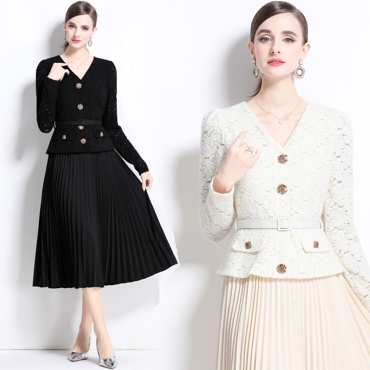 2025新作 S～3L★ファッション パーティー 結婚式 重ねる風 花柄レース プリーツスカート切替ワンピース