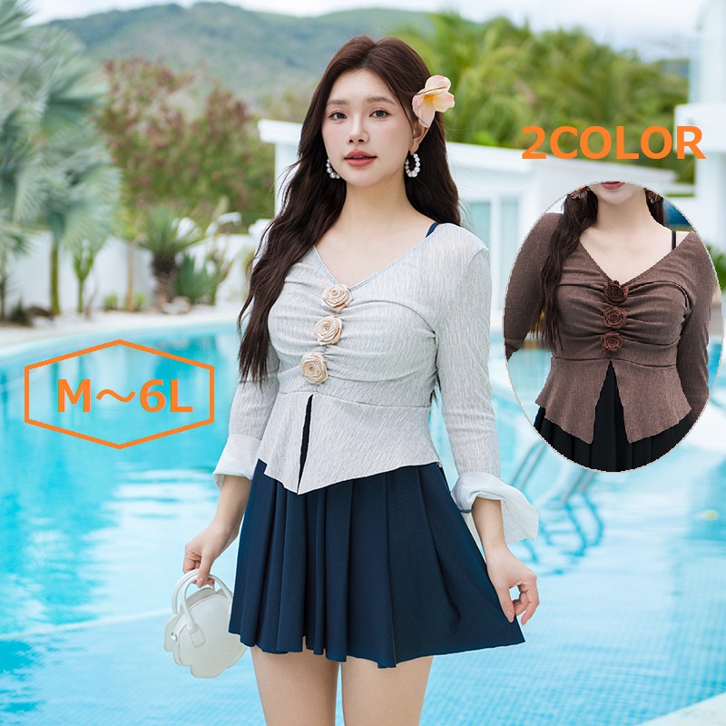 品質保証！M～6L★水着 水泳 海水浴 ビーチ  上品感ラメ入り胸元花 バイカラー ワンピース水着