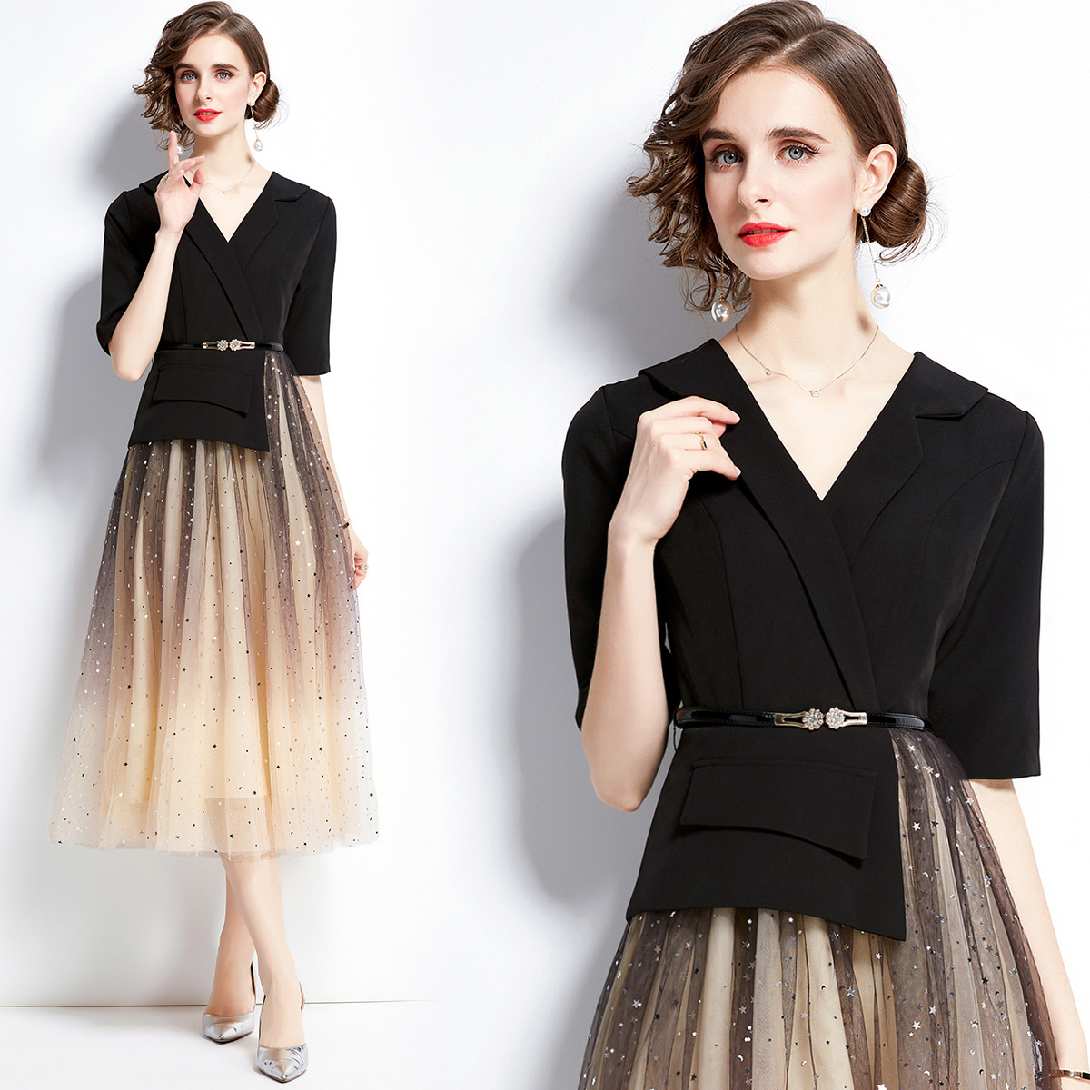 ★S～3L★通勤 出かけ パーティー ベルト付き 異素材 キラキラ星柄チュール切替　ワンピース