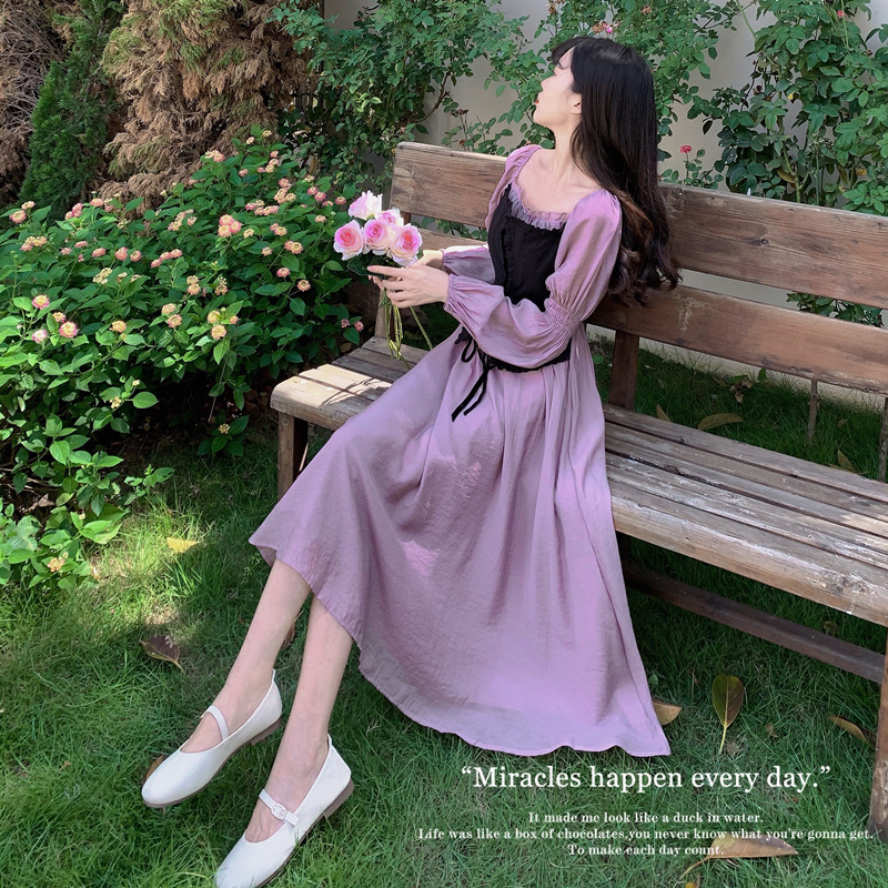 ★M～5L★大きいサイズ★バイカラー 胸元編み上げ 重ねる風生風  パフスリーブワンピース