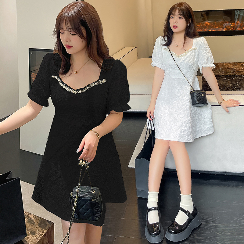 ★2L～6L 大きいサイズ★胸元パール付き　上品感ジャガード織パフスリーブドレスワンピース