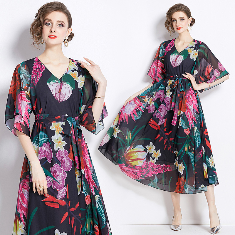 ゆったり★ファッション パーティー   デート　夏爽やか　Vネックシフォンワンピース