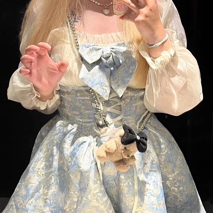 ★L～5L大きいサイズ★可愛いぽっちゃりさん　原宿系  胸元可愛いリボン 上品感 お姫様 異素材切替ピース
