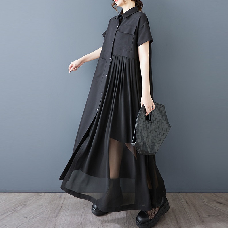 2025新作 ★シンプル ゆったりめ  イレギュラー　プリンツシフォン切替　ロングワンピース
