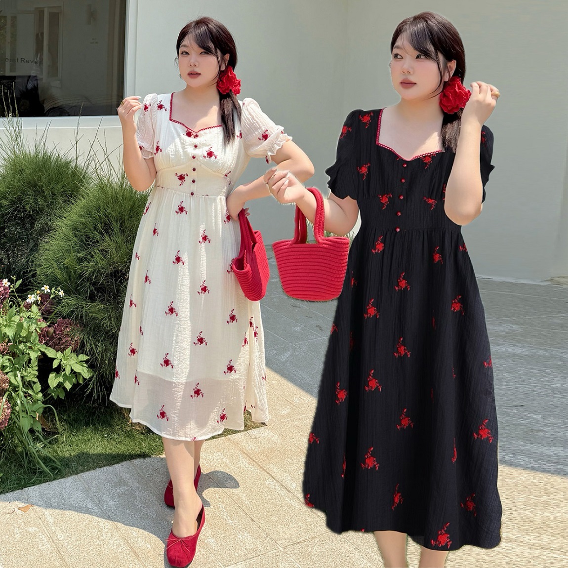 ★2L～5L大きいサイズ ★可愛いぽっちゃりさん　可愛い花柄刺繍スクエアワンピース