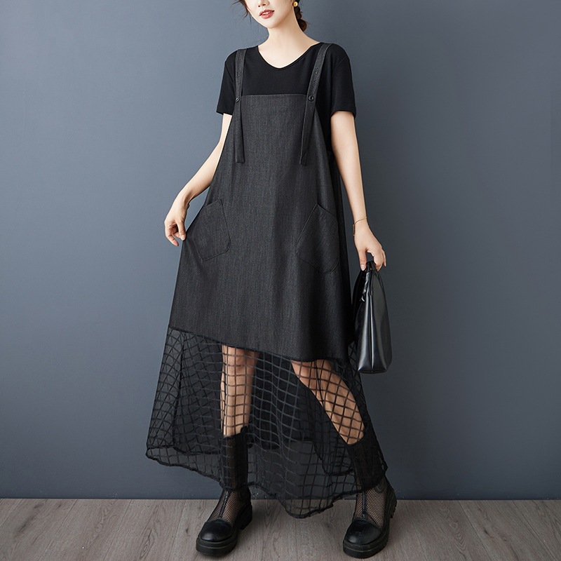 ★ゆったり★原宿風　109系　異素材切替　チエック柄レース切替　ドッキングワンピース