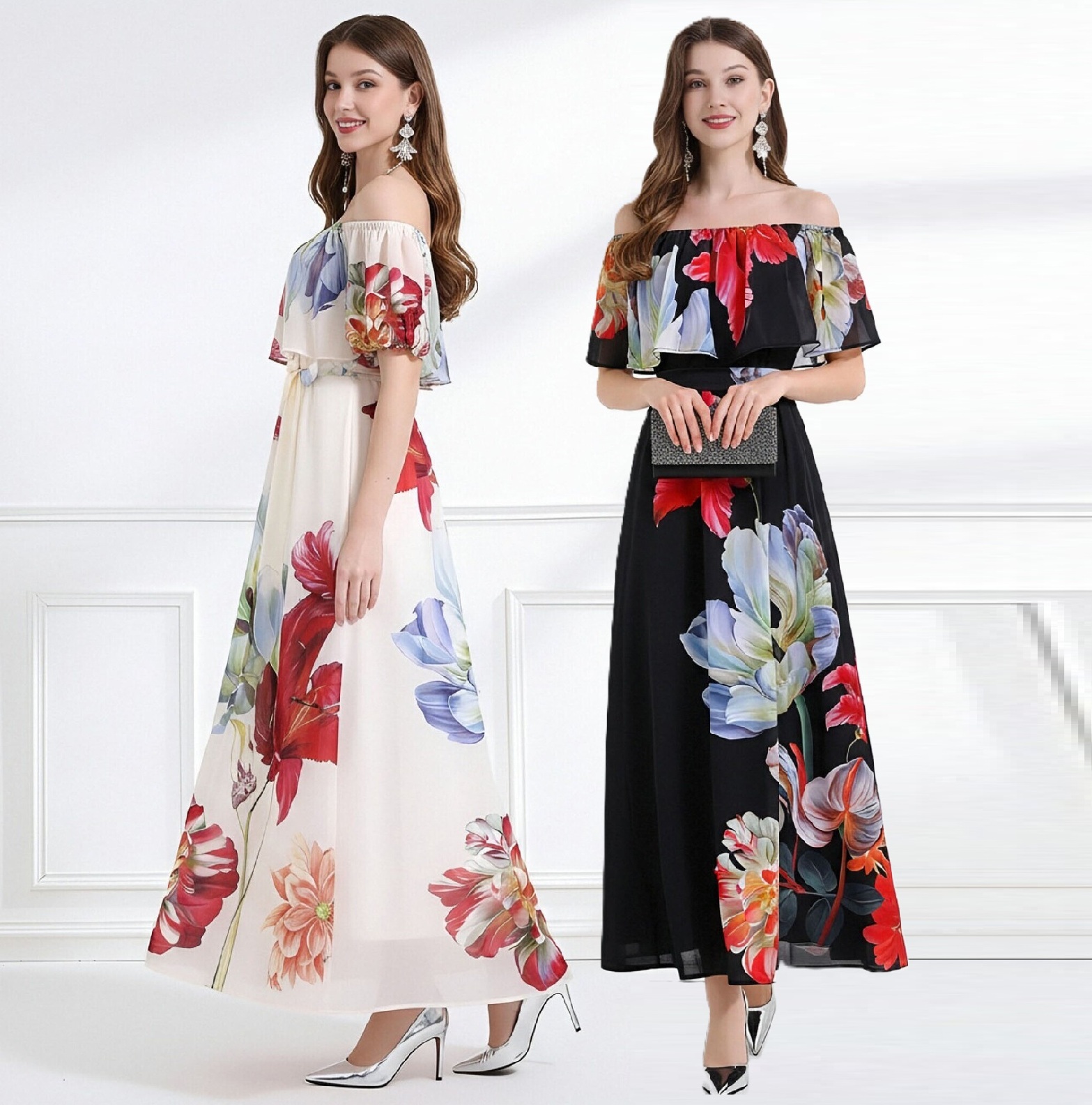2026新作★出かけ パーティー   ハワイ風　オフショルダー　花柄シフォンロングワンピース