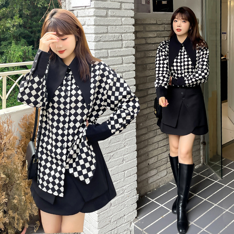 即納２L～５L 大きいサイズ★バイカラー 大きめ襟 可愛チエック柄シャツブラウス　