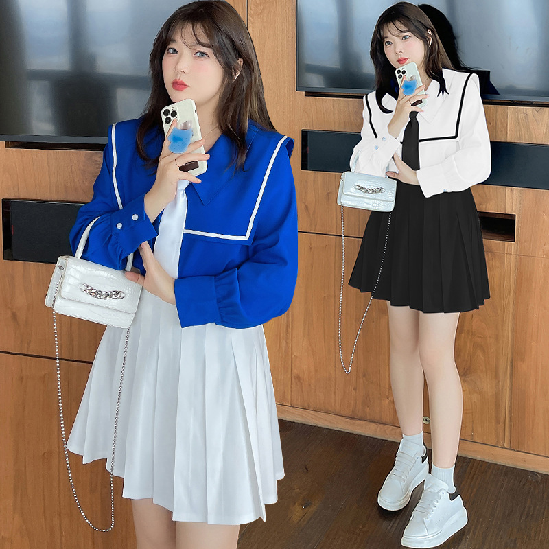 即納★2L～6L 大きいサイズ★ 学生風 通勤通学 セーラー服　大きめ襟シャツ プリーツスカート2点セット