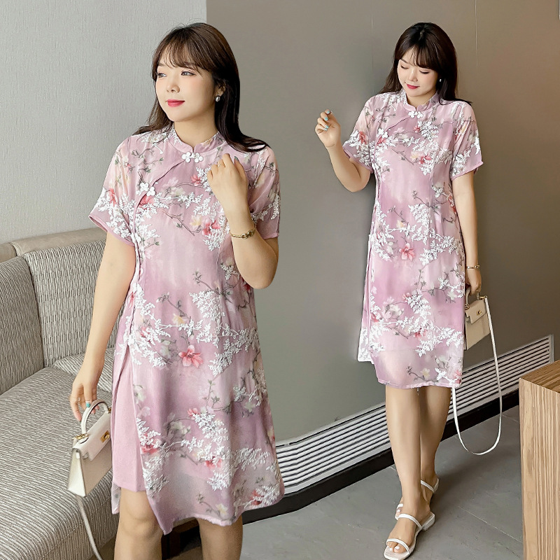 ★2L～6L 大きいサイズ★ぽっちゃりさん 上品感 花柄刺繍　チャイナ風ドレスワンピース