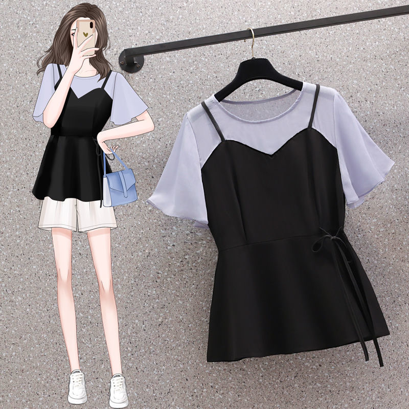 ★M～5L★大きいサイズ★着痩せ効果 バイカラー 重ねる風 ドッキングトップス　ブラウス