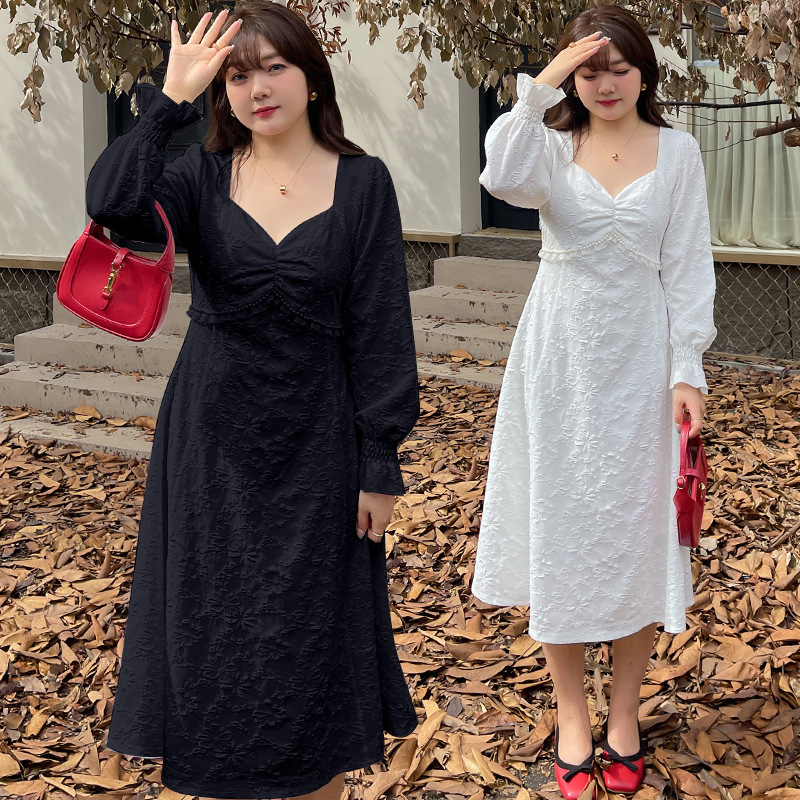 ★2L～6L 大きいサイズ★胸元 パール付き 可愛いフリル 上品感ジャガード織ドレスワンピース　