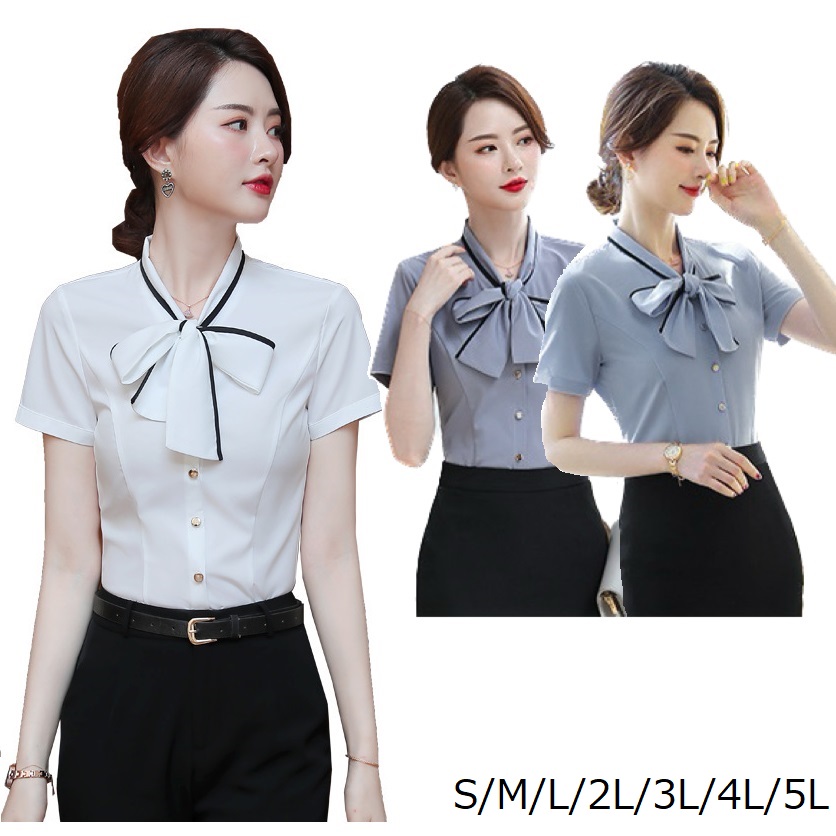 ★S～5L★ OL 通勤 オフェス バイカラー 胸元可愛いリボン　半袖シャツ ブラウス