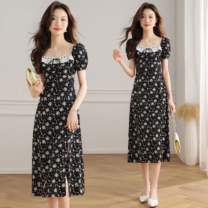 S～3L★夏新作　胸元可愛いフリル　前スリット入り 　花柄　パフスリーブワンピース