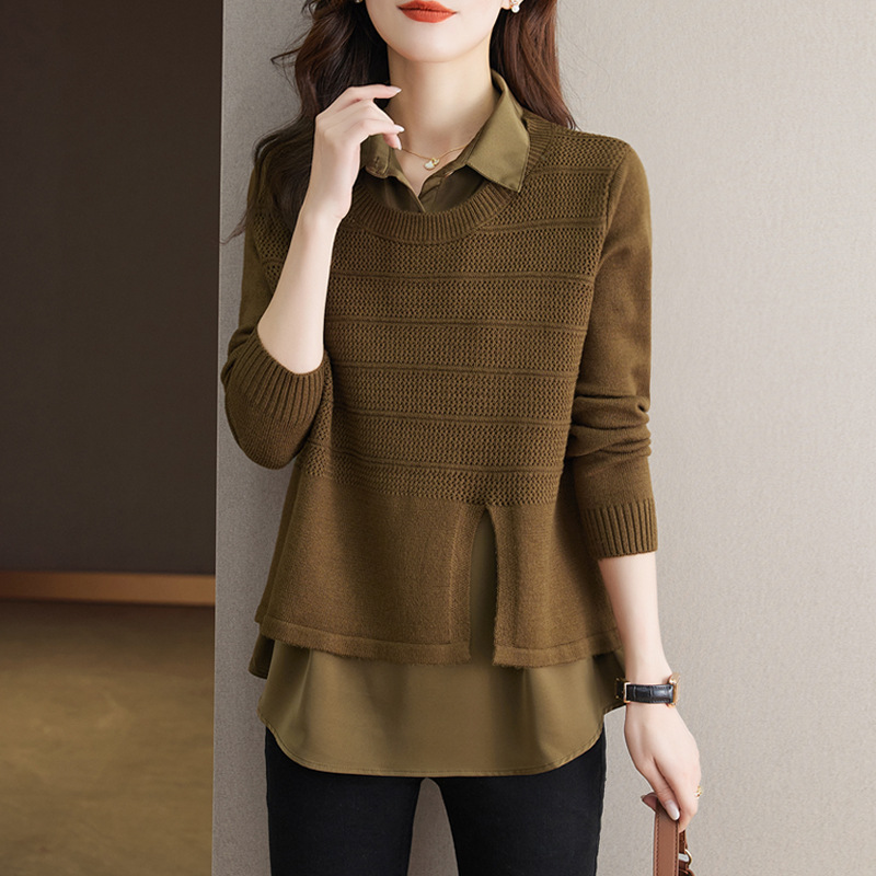 4COLOR★上品感　ニット切替　 重ねる風　フェイクレイヤードトップ