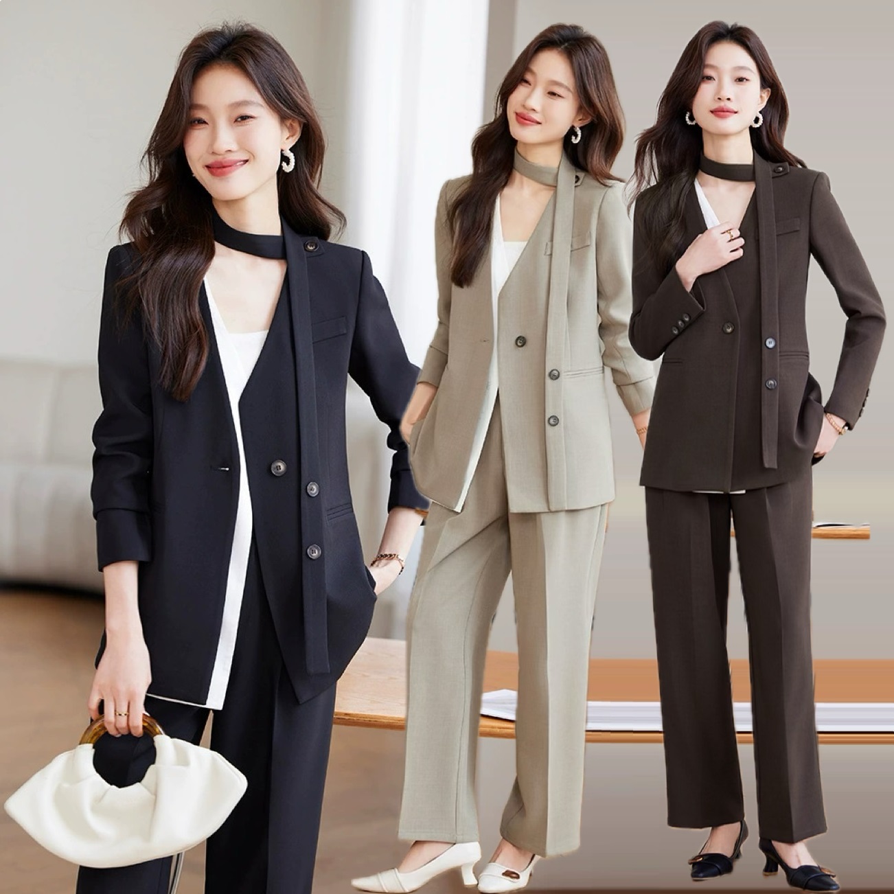 ★上質S～5L★ OL 通勤 オフェス着  オシャレ 重ねる風 スーツセット ジャケットパンツ 2set