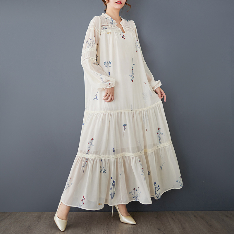 2025新作 ゆったり★上品感レース切替 可愛いギャザ入り　フリル襟　花柄プリント 長袖ロングワンピース