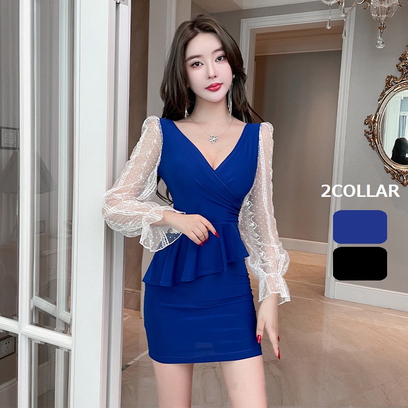 ★S～4L★キャバドレス キャバ嬢 バイカラー レース切替ミニ丈ドレスワンピース