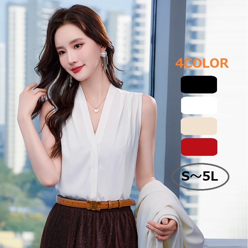 ★S～5L★手洗いOK！プリーツ　ノースリーブシャツ OL 通勤 オフェス パーティー  インナー　ブラウス