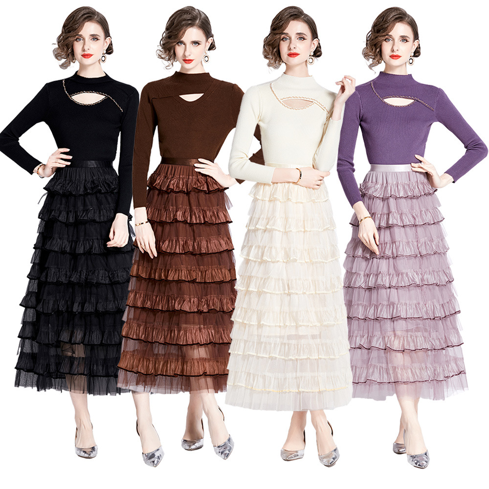 S～3L★パーティー 二次会　忘年会 　胸元空き　リブニットトップス　ティアードスカート　2点セット