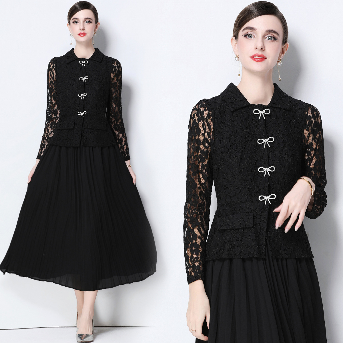 S～3L★パーティー 二次会 忘年会 花柄レース ベルト付き 花柄レース切替ドレスワンピース